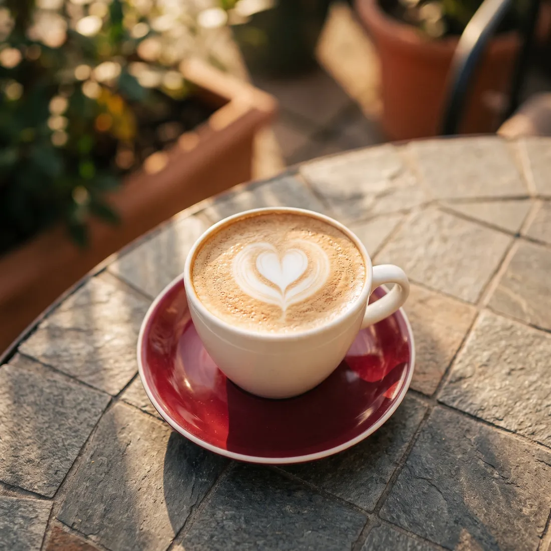 Cappuccino mit Herz in der Milchschaumzeichnung auf einer roten Untertasse