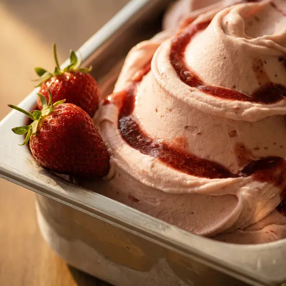 Erdbeergelato mit Erdbeersauce und frischen Erdbeeren