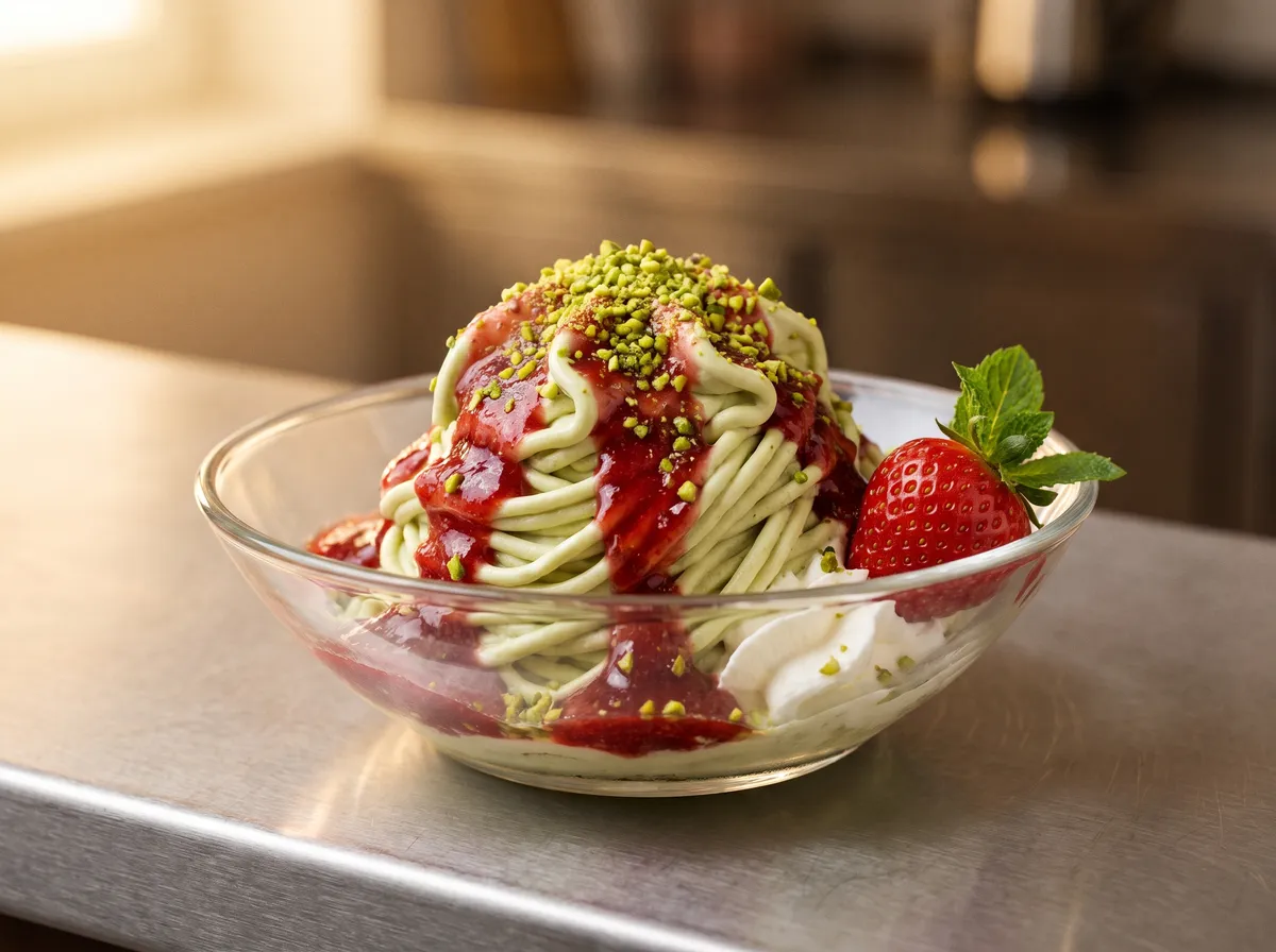 Spaghetti-Eis aus Pistaziengelato mit Erdbeersauce, gemahlenen Pistazien und einer frischen Erdbeere in einer Glasschale